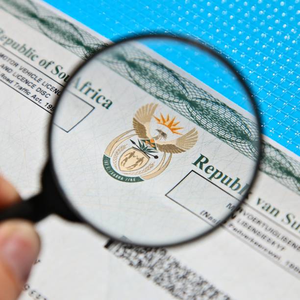 A South African motor vehicle car licence document.  This image has selective focus.